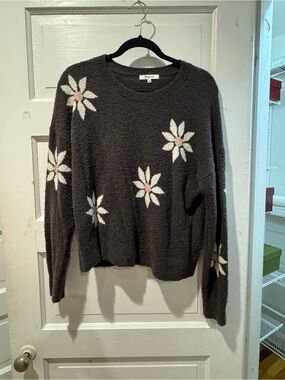 Madewell Charcoal Crewneck Sweater with White & Pink Daisy Motif